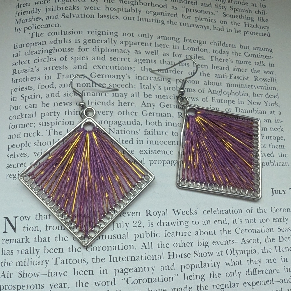 Elegant Purple and Gold Thread Art Earrings